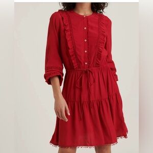 Lucky Brand Boho Ruffle Tie Waist Button-Front Red Dress, S